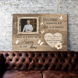 Sympathy gift canvas featuring custom photo and personalized heart graphic with floral design for loss of loved one.