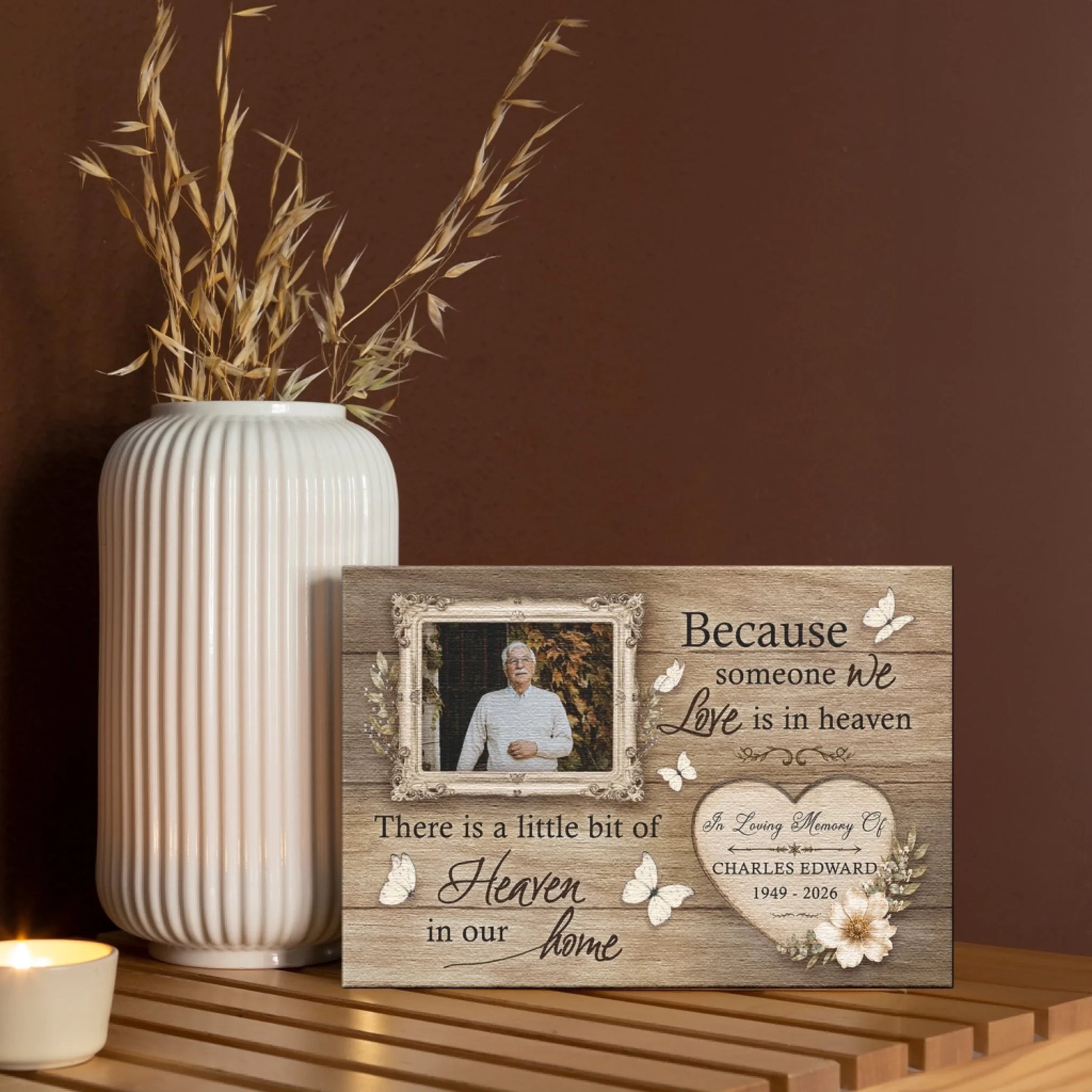 Custom sympathy canvas print with photo frame butterfly accents and floral heart design for loss of loved one gift.