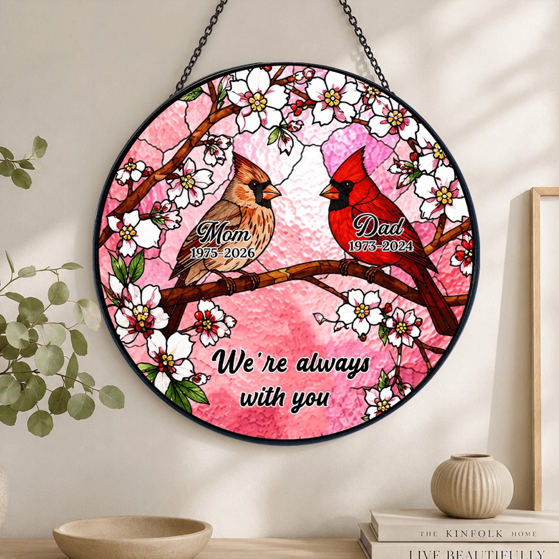 Decorative circular memorial suncatcher with cardinal birds and custom text perfect for remembrance and sympathy.