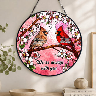 Decorative circular memorial suncatcher with cardinal birds and custom text perfect for remembrance and sympathy.
