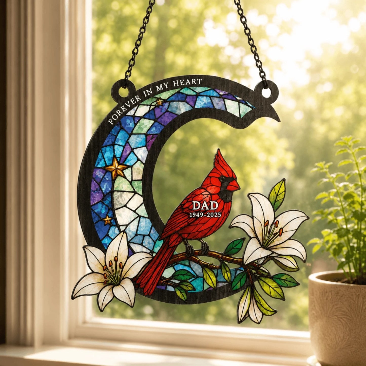 Personalized memorial suncatcher for dad featuring a cardinal on a moon with lilies, perfect for sympathy gifts.