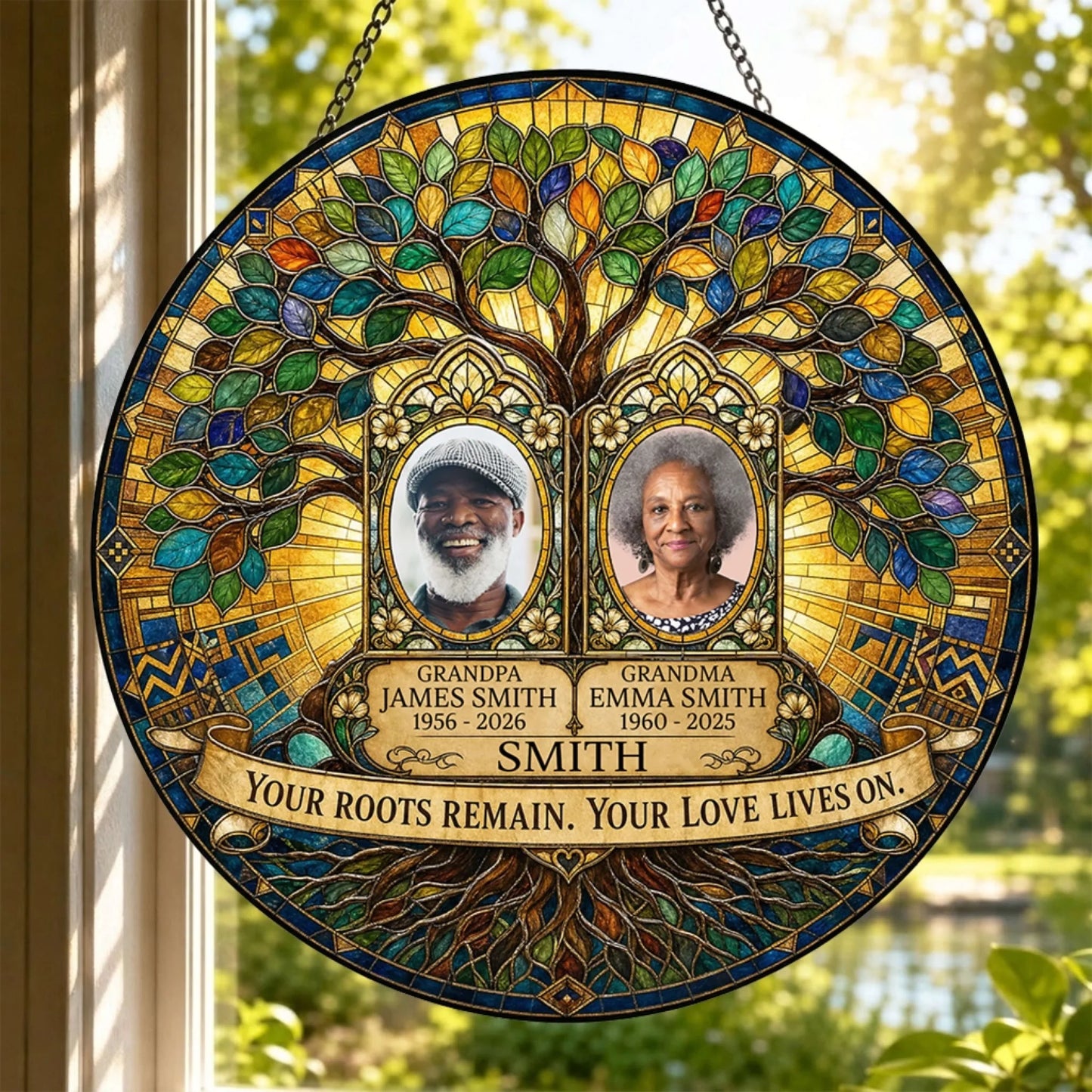 Custom stained glass suncatcher featuring a memorial tree, family photos, and heartfelt text to celebrate life.
