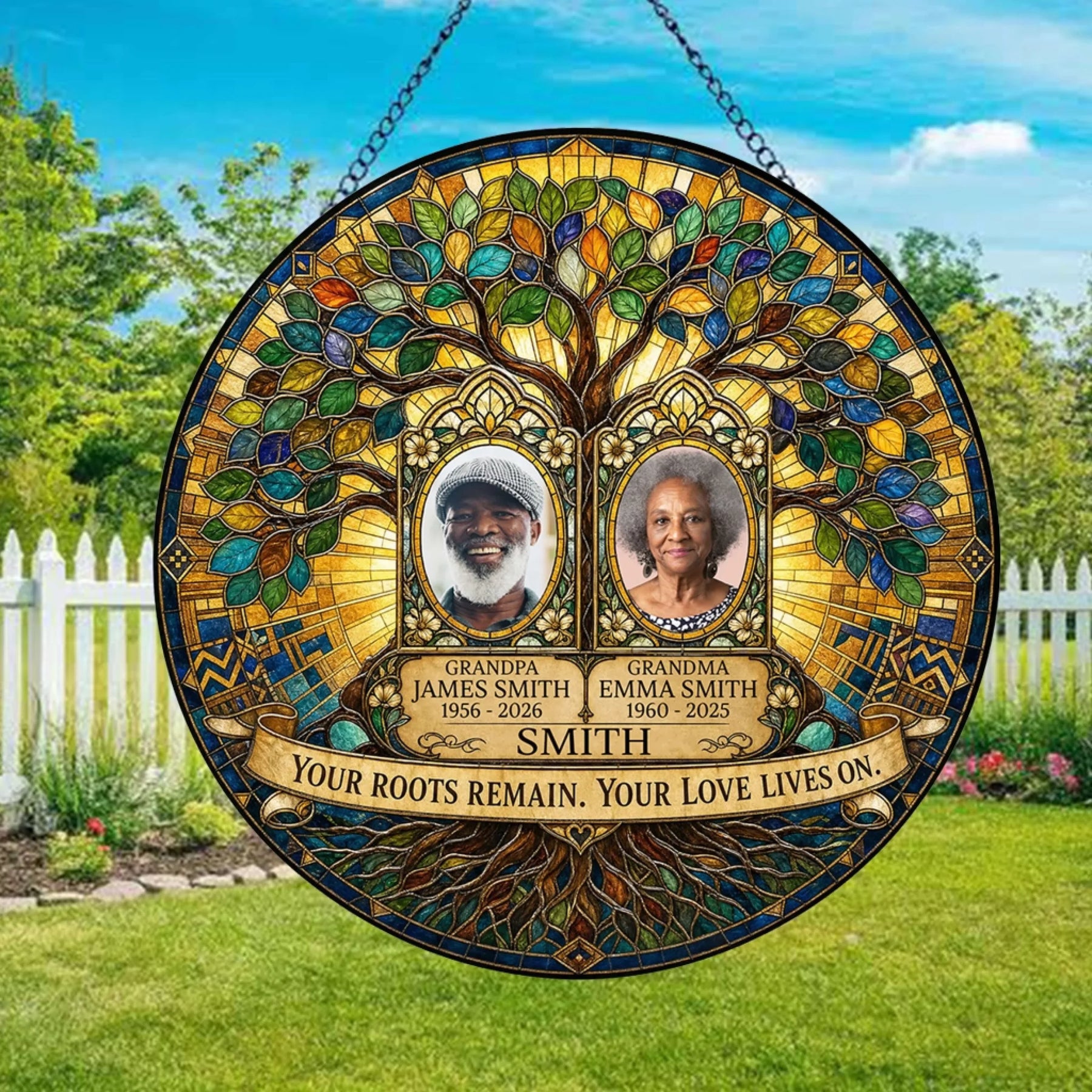 Custom stained glass family tree ornament displaying names and photos of a couple, perfect as a memorial gift or celebration of life tribute