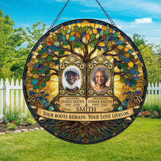 Custom stained glass family tree ornament displaying names and photos of a couple, perfect as a memorial gift or celebration of life tribute