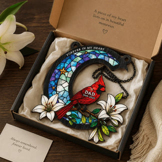 Custom memorial cardinal suncatcher in a gift box with a sympathy message, a heartfelt gift for loss of dad.
