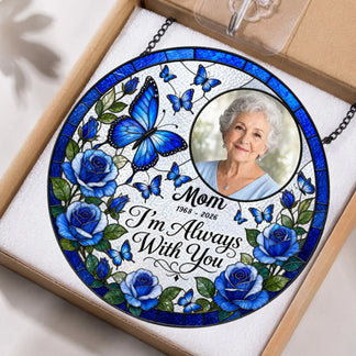 Custom memorial stained glass suncatcher packaged in a gift box, featuring a photo of Mom and blue butterfly art.