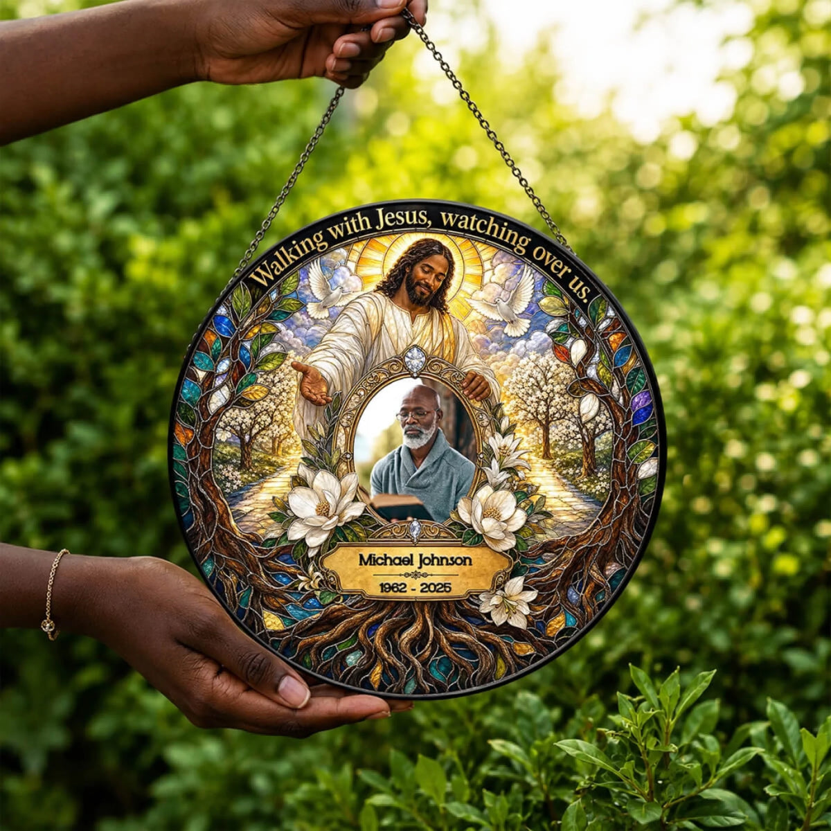 Custom memorial suncatcher featuring a portrait of a loved one and Jesus, designed as a beautiful sympathy wall decor.