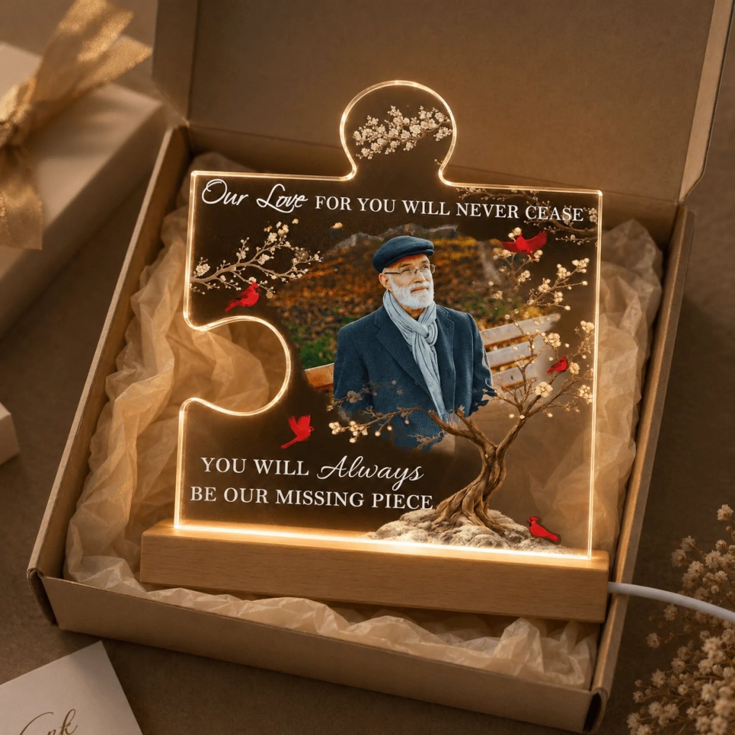 Customized memorial puzzle piece acrylic lamp gift, presented in a decorative box, perfect for bereavement or memory.