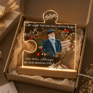Customized memorial puzzle piece acrylic lamp gift, presented in a decorative box, perfect for bereavement or memory.