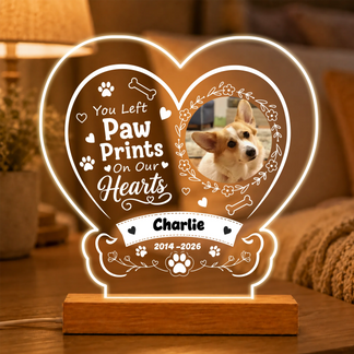 Personalized memorial heart lamp for a dog featuring a custom photo, name, and dates, serving as a pet sympathy gift.