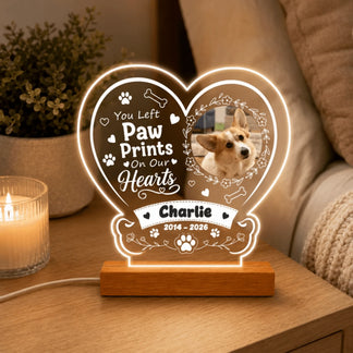 Heart shaped LED light for dog memorial with custom photo name and dates a perfect personalized gift for pet loss comfort.