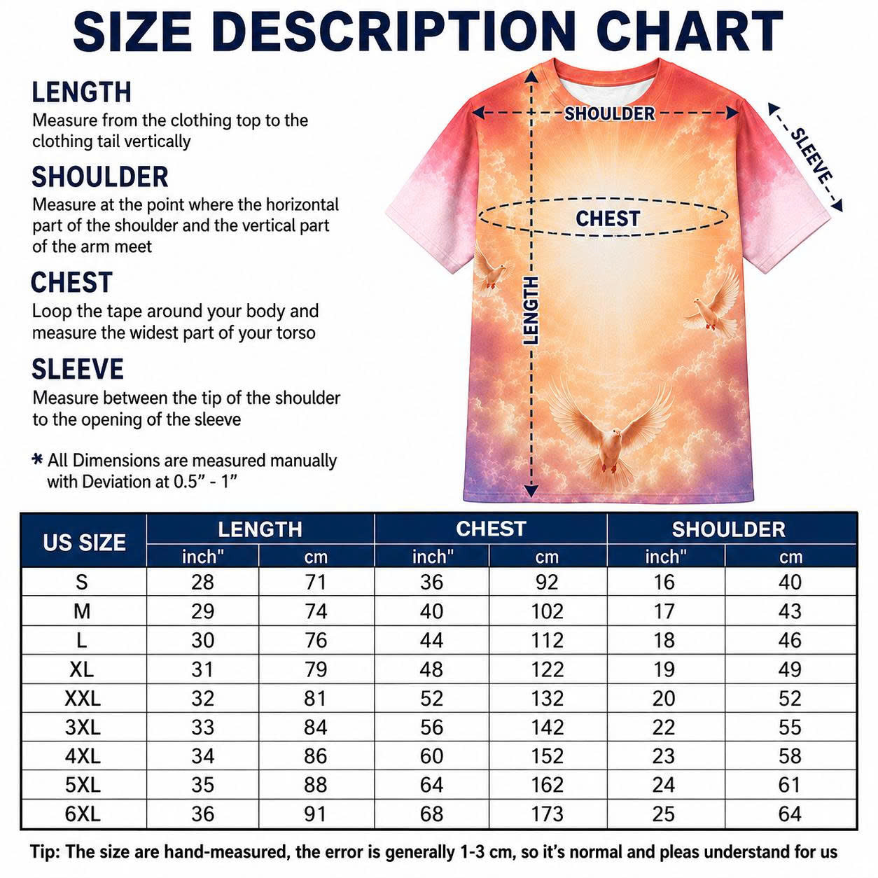 Sizing chart for personalized memorial t shirts, providing length, bust, and shoulder measurements in inches and centimeters for accurate fit.