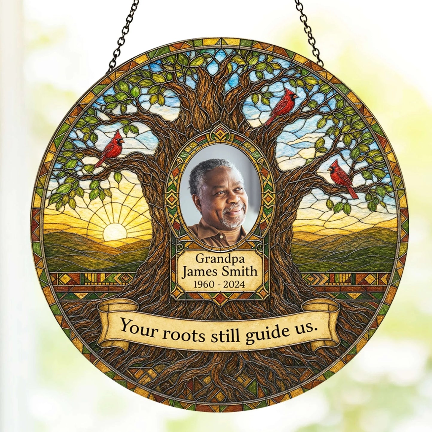 Custom sympathy gift suncatcher for loss of grandfather with tree of life imagery and personalized memorial text.