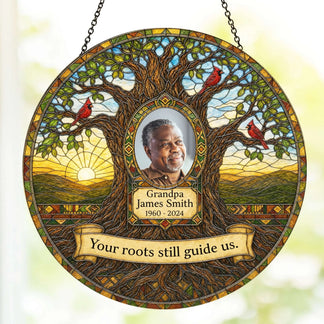 Custom sympathy gift suncatcher for loss of grandfather with tree of life imagery and personalized memorial text.