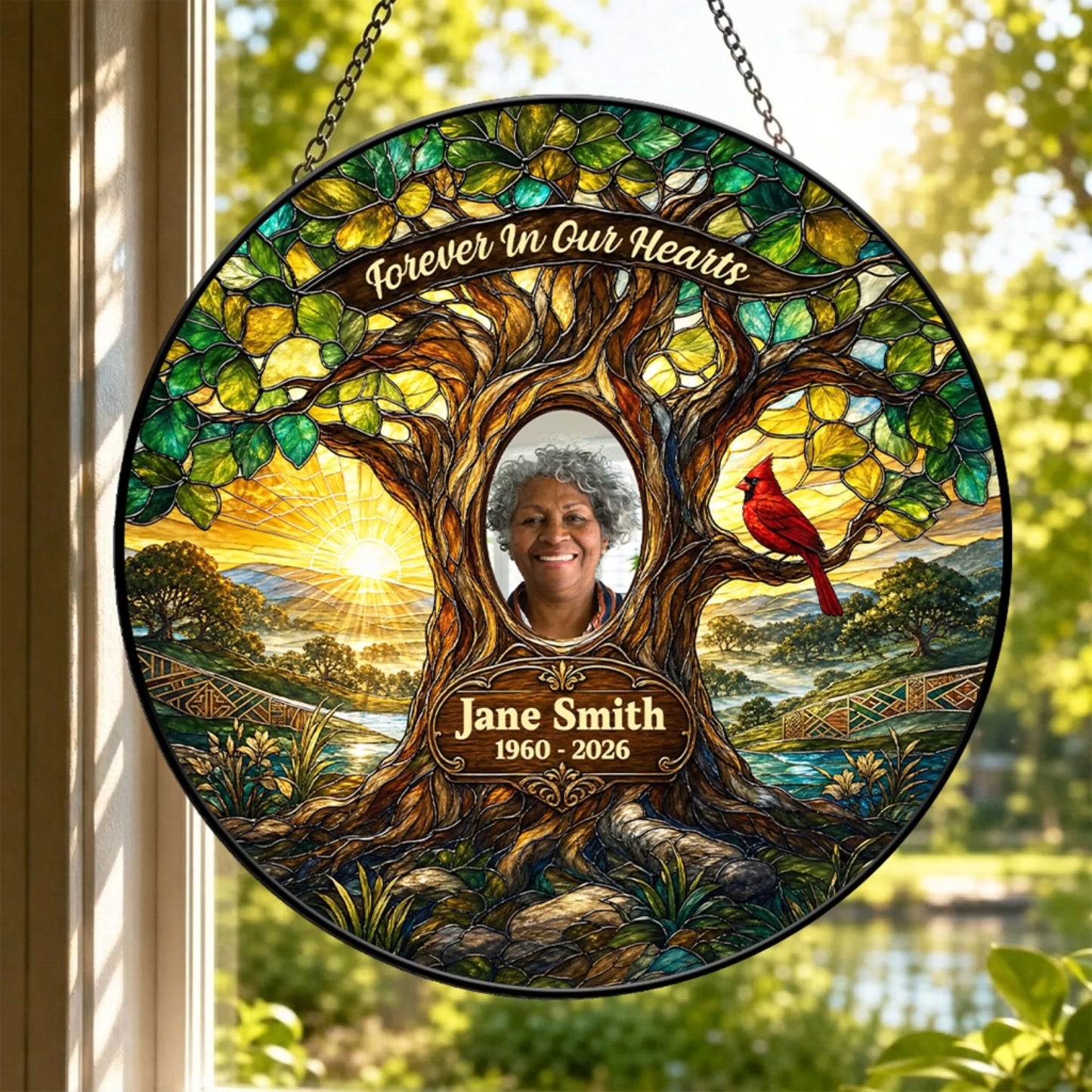 Round stained glass style memorial suncatcher with a custom photo, name, and dates against a sunset tree and cardinal background.