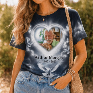 Dark blue memorial t-shirt with personalized photo frame, doves, and dates for a sympathy gift for a loved one.