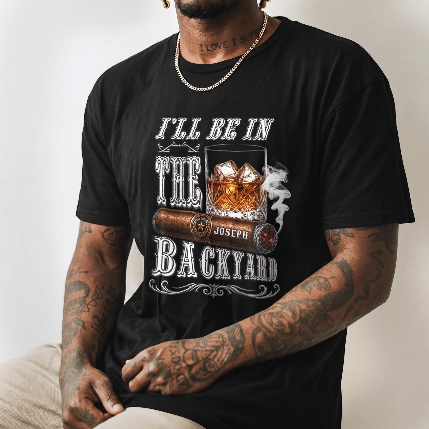 Men’s personalized graphic t-shirt with a whiskey and cigar design, customized with the name Joseph for a unique gift.