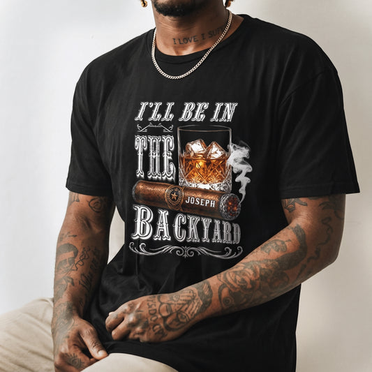 Men’s personalized graphic t-shirt with a whiskey and cigar design, customized with the name Joseph for a unique gift.