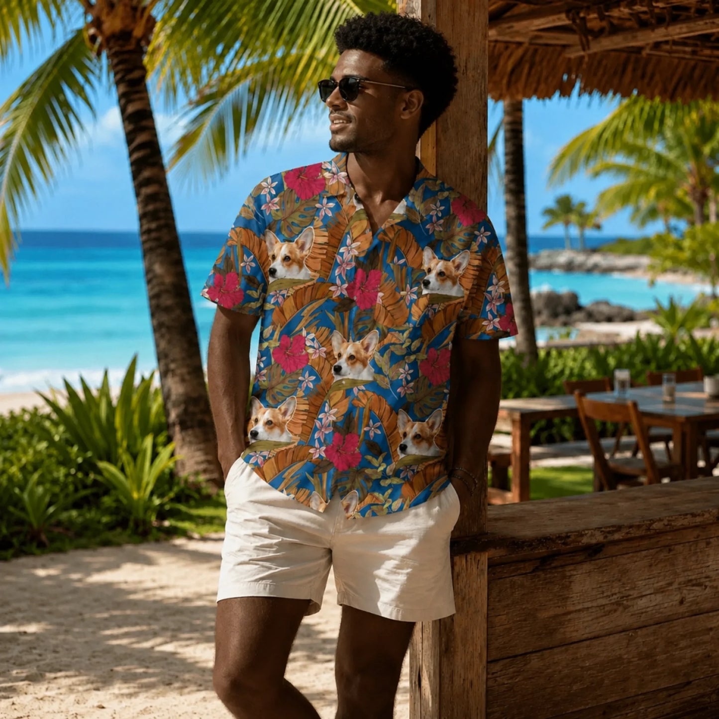 Men's blue hawaiian shirt customized with a repeated dog face pattern, ideal for summer vacations and pet owners.