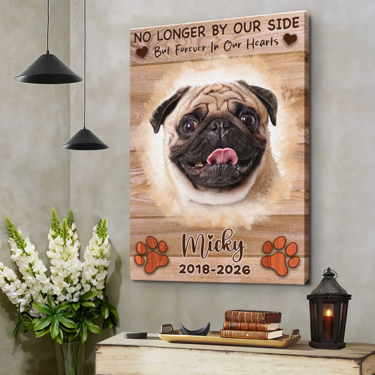 Personalized pet memorial canvas with pug photo and custom dates Micky 2018 2026 as a heartfelt loss of pet gift