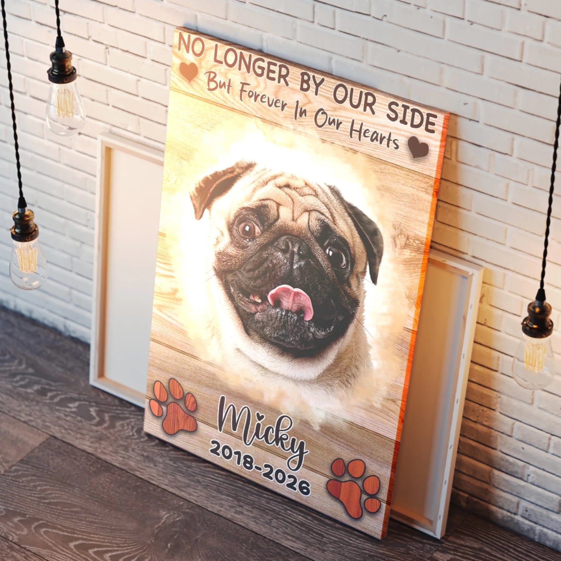 Personalized pug portrait wooden wall art with Micky 2018 2026 for pet owner sympathy and remembrance gift
