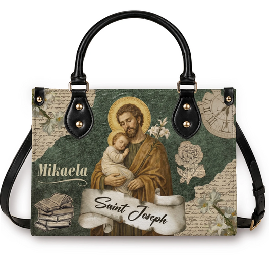 Personalized Saint Joseph PU leather handbag for women featuring custom Mikaela name and religious Christian theme.