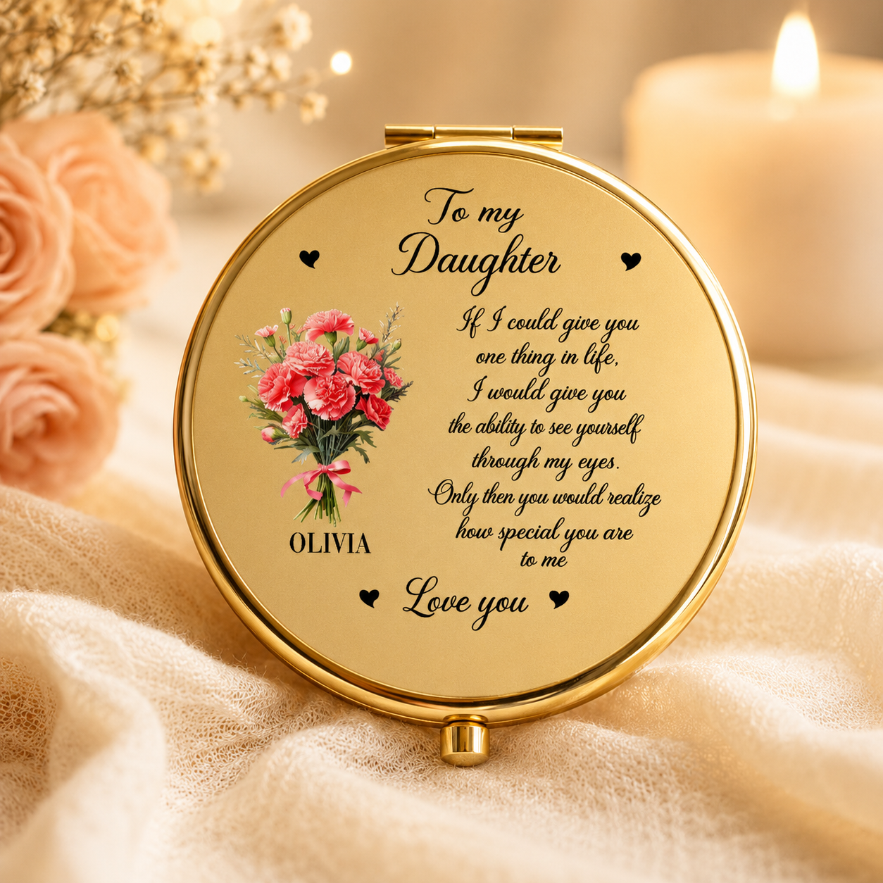 Daughter Personalized Compact Mirror - Custom Name & Flower - Graduation Gift, Gift For Her - Jollimate