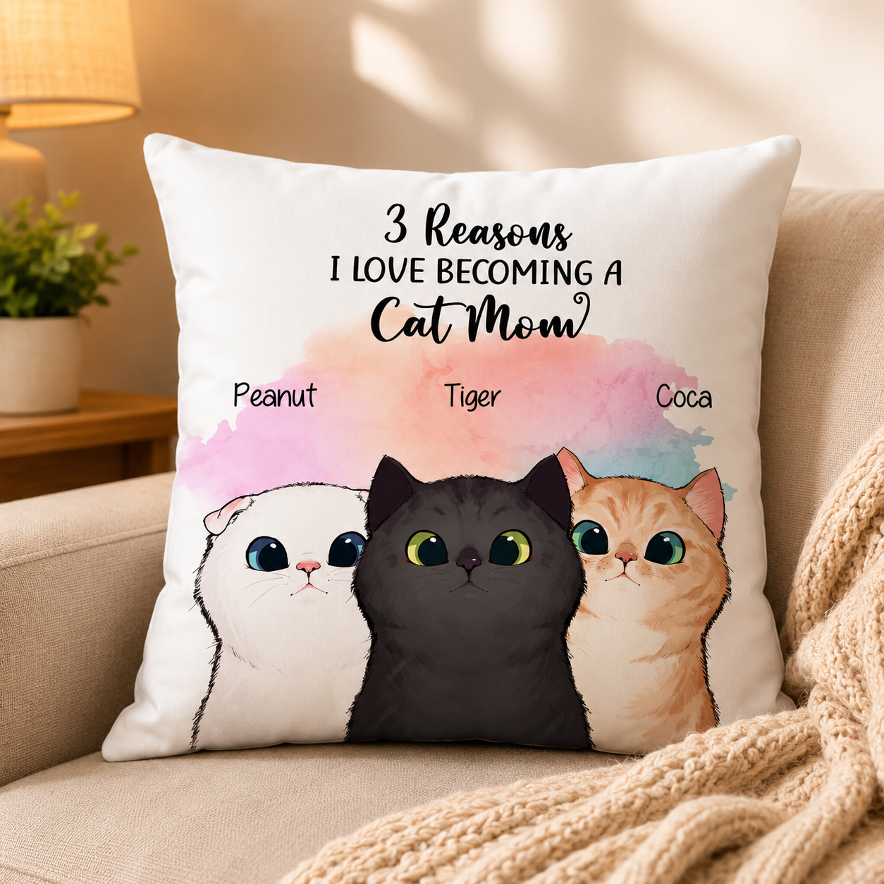 Cat Personalized Pillow - Custom Cat Names - Size 12x12 To 18x18 - Cat Lover Gift, Gift For Her - 3 Reasons I Love Becoming A Cat Mom - Jollimate