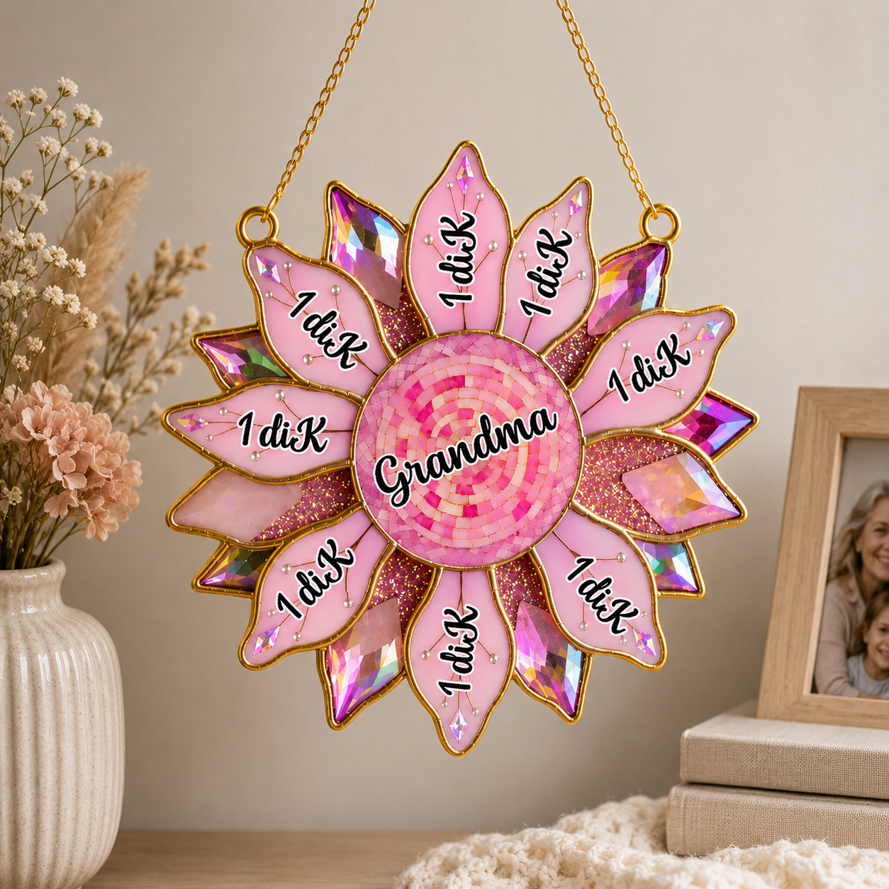 Personalized Grandma Acrylic Suncatcher Ornament - Pink Sunflower Stained Glass Style Custom Name Gift For Family, Mother's Day Gift For Her