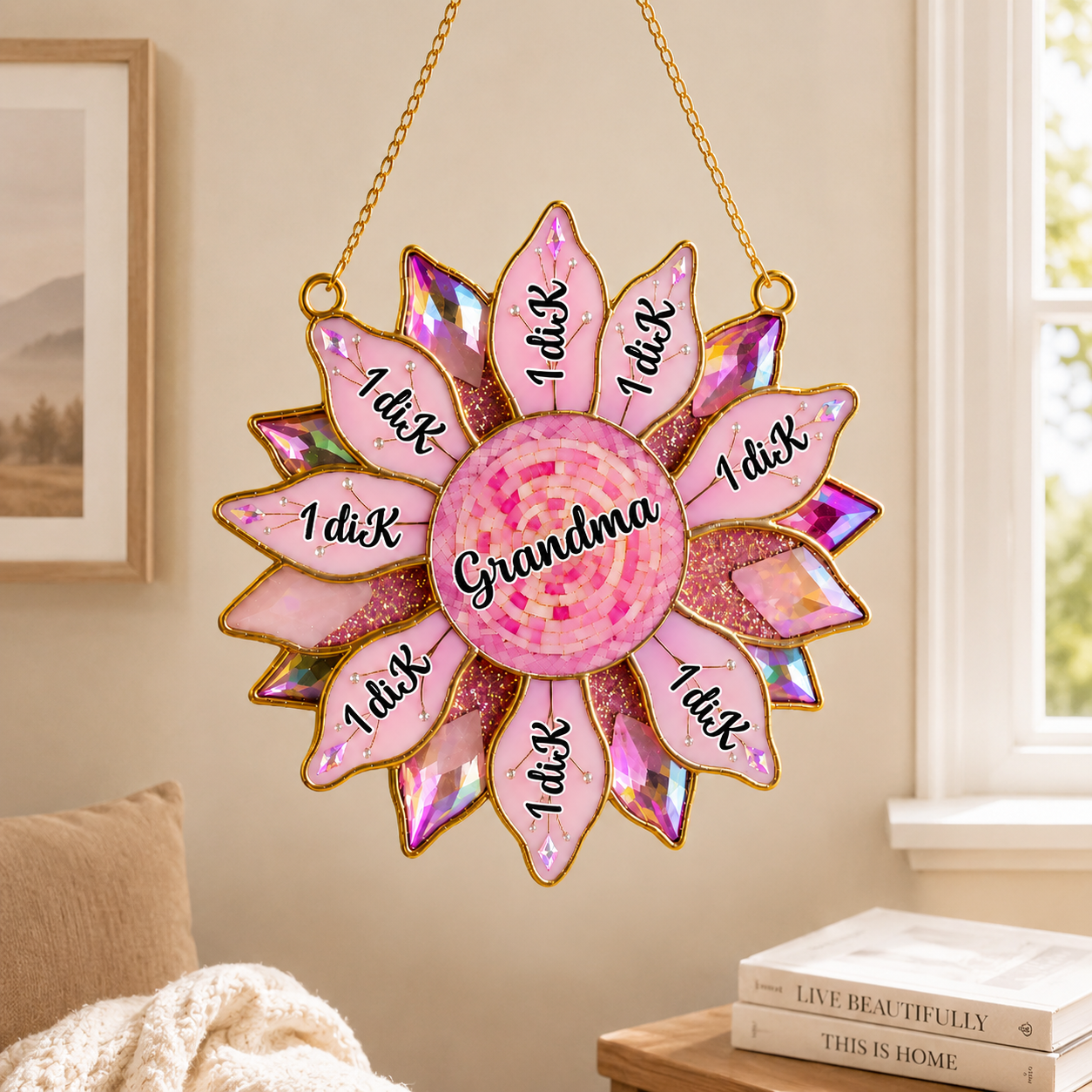 Personalized Grandma Acrylic Suncatcher Ornament - Pink Sunflower Stained Glass Style Custom Name Gift For Family, Mother's Day Gift For Her