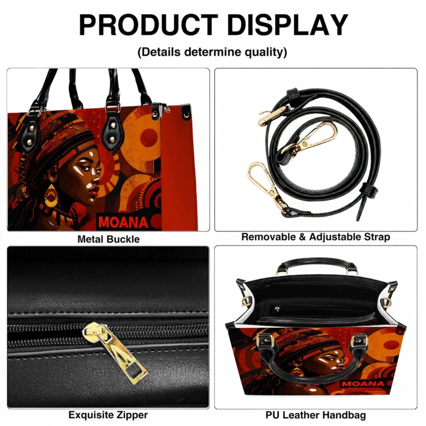 Product display showing the details of an African art handbag with a removable strap, zipper, and durable construction.
