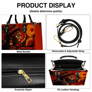 Product display showing the details of an African art handbag with a removable strap, zipper, and durable construction.