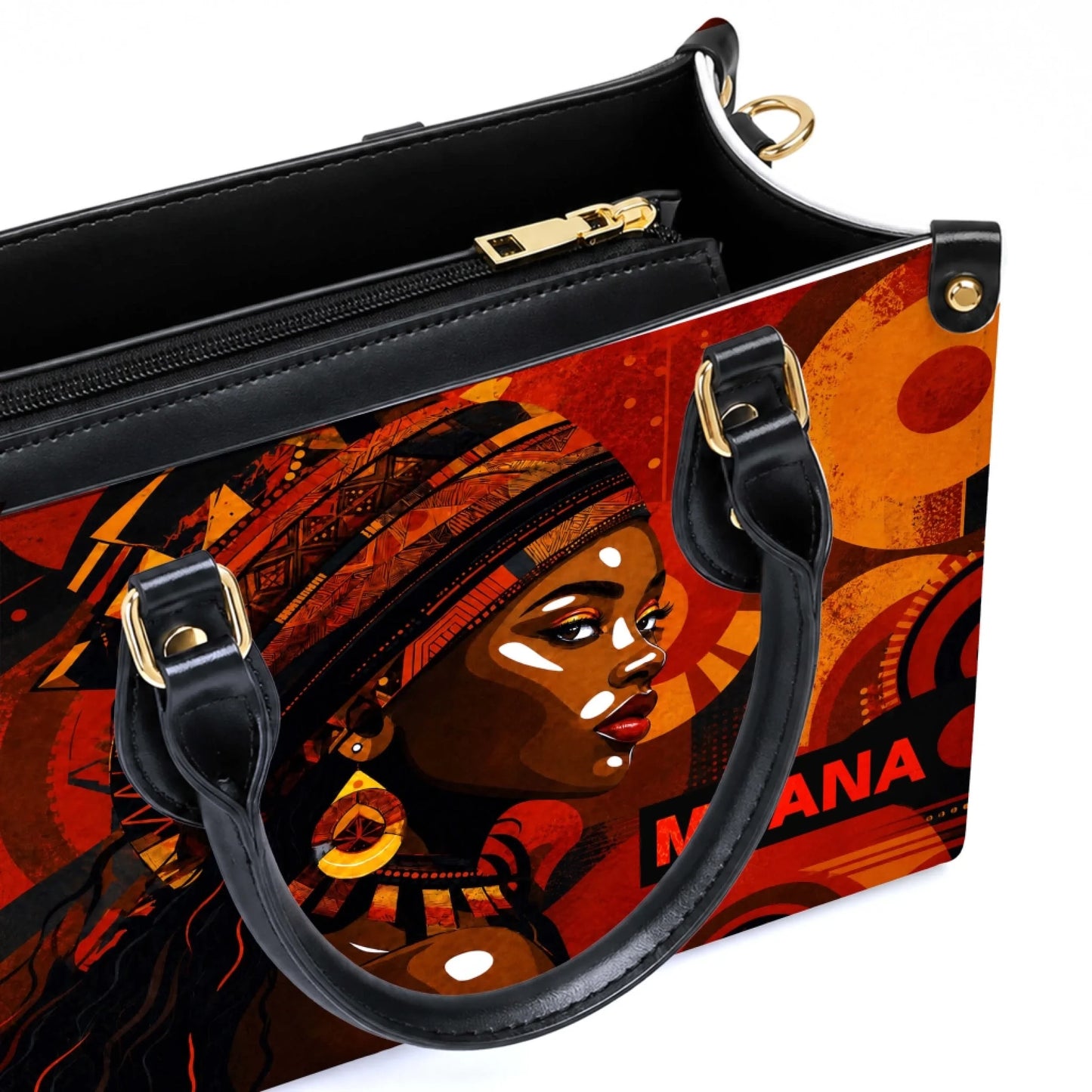 Close-up of a high-quality PU leather handbag with a striking African woman portrait design and gold-tone zippers.