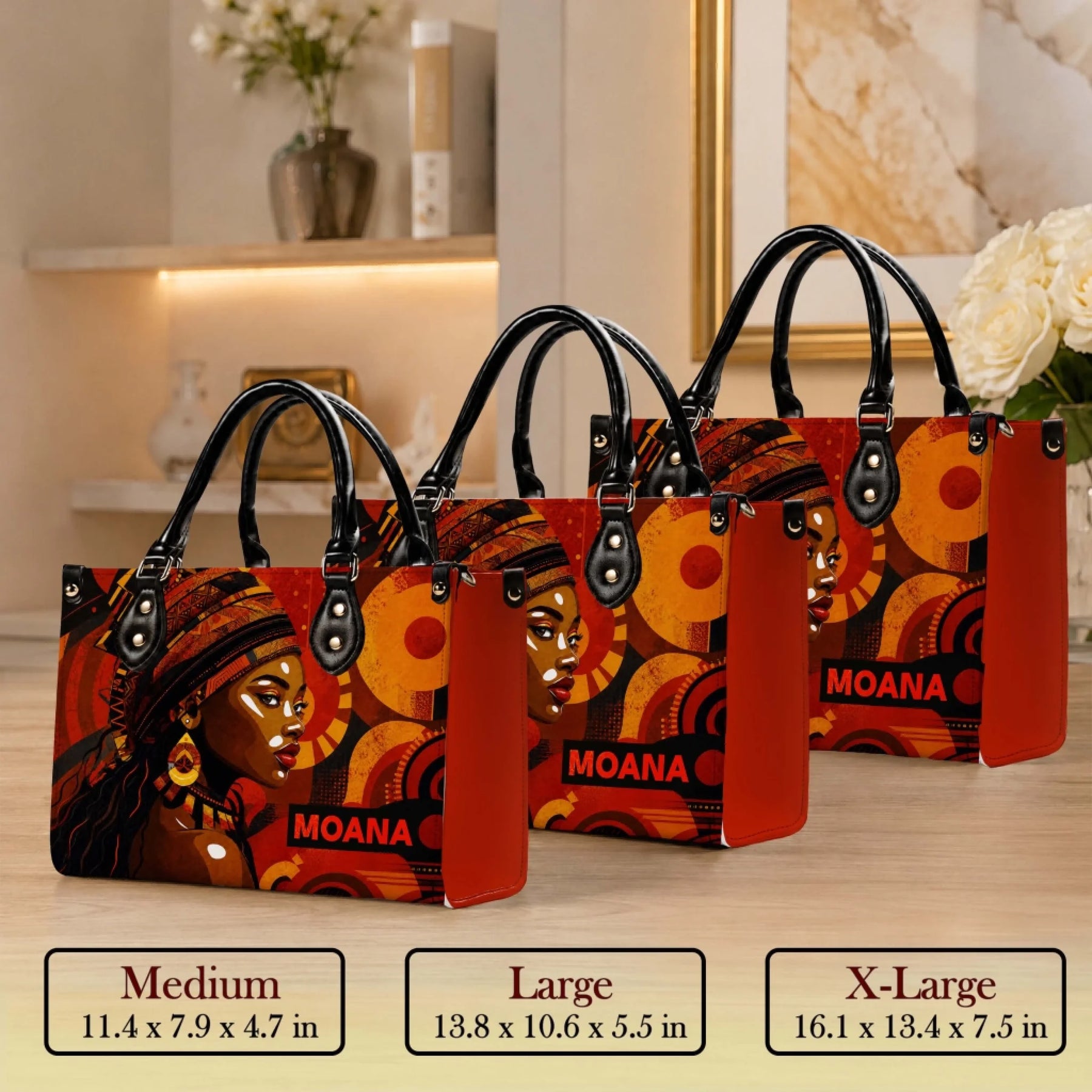 Collection of three sizes of Moana themed handbags for women featuring an artistic African woman portrait design.