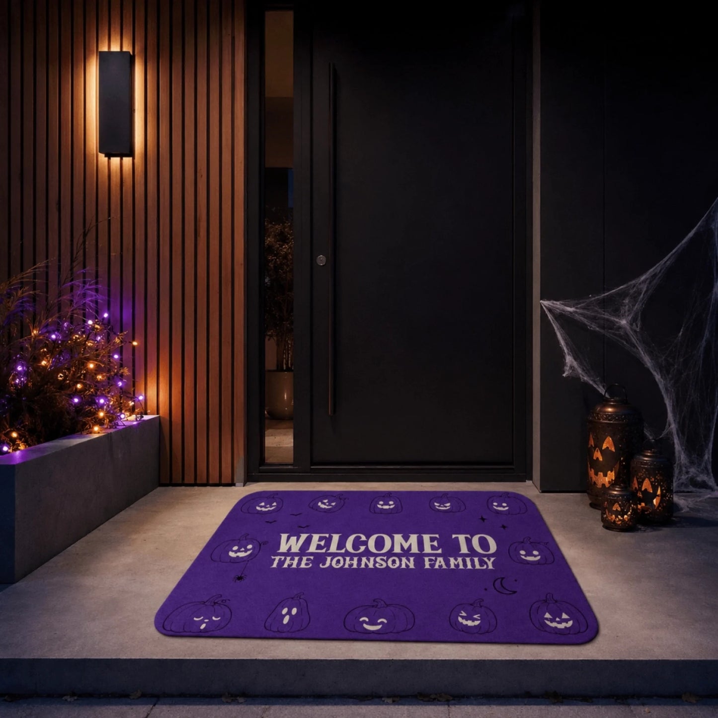 Festive halloween doormat personalized for the johnson family with cute pumpkin designs on a vibrant purple rug