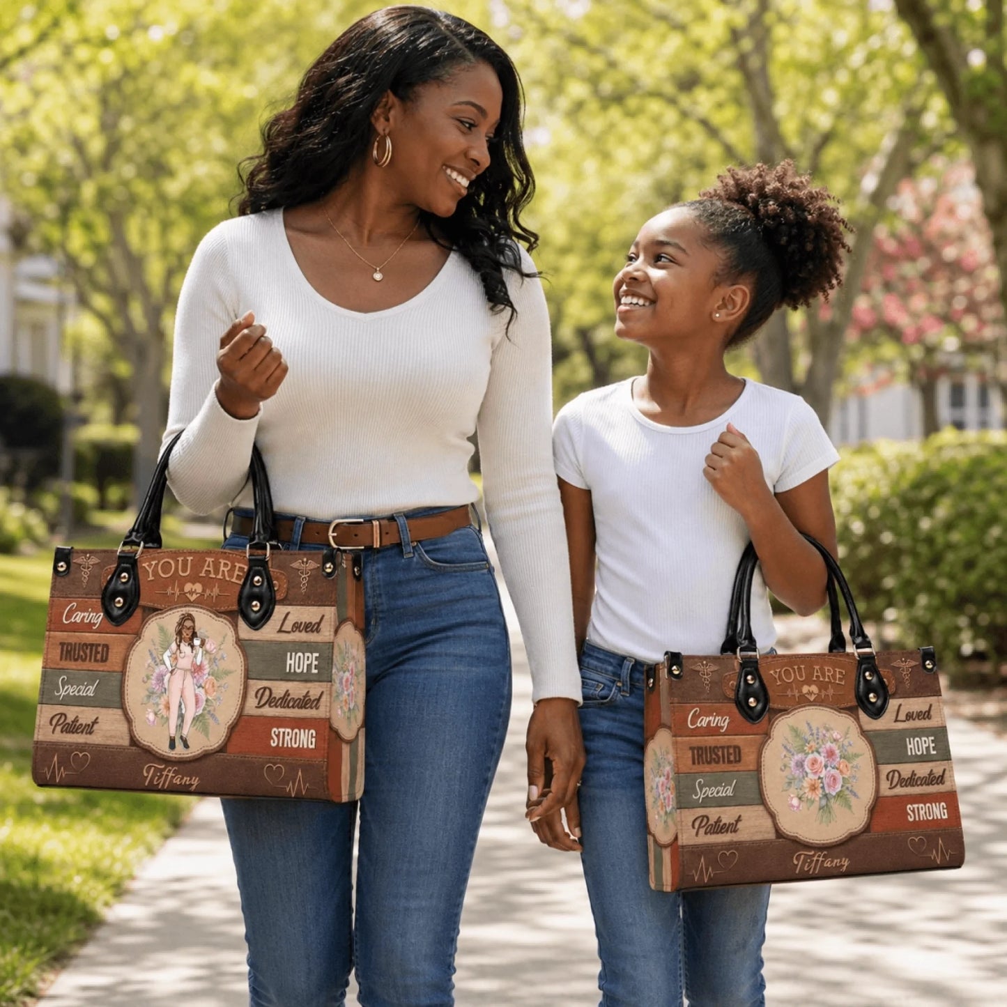 A mother and daughter holding personalized nurse theme handbags with floral accents and Tiffany name on a sunny walk.