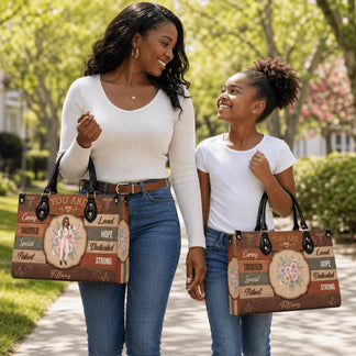 A mother and daughter holding personalized nurse theme handbags with floral accents and Tiffany name on a sunny walk.