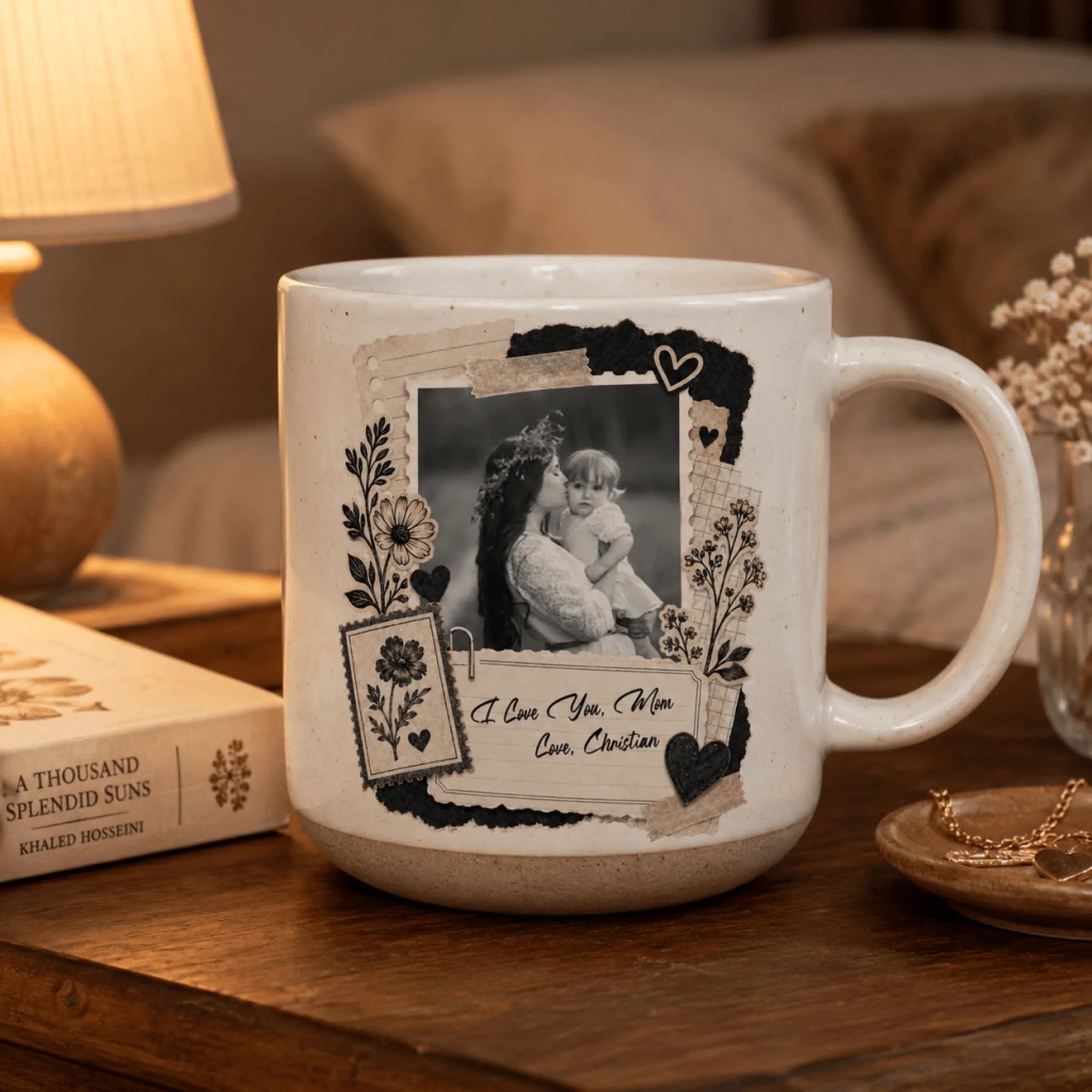 Personalized coffee mug with a black and white photo, floral illustrations, and heartfelt "I love you, Mom" inscription.