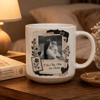 Personalized coffee mug with a black and white photo, floral illustrations, and heartfelt "I love you, Mom" inscription.