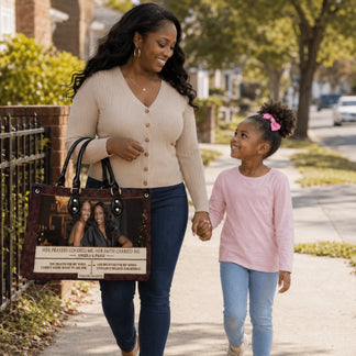 Woman and child carrying a custom photo handbag with a heartfelt religious quote, a thoughtful memorial gift idea.