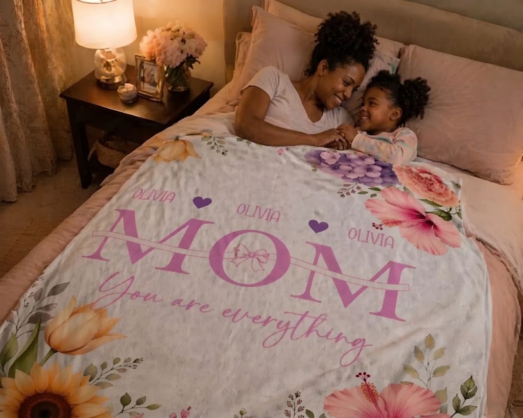 Customized floral Mom You are everything blanket with the name Olivia, displayed on a bed as a thoughtful Mother's Day gift.