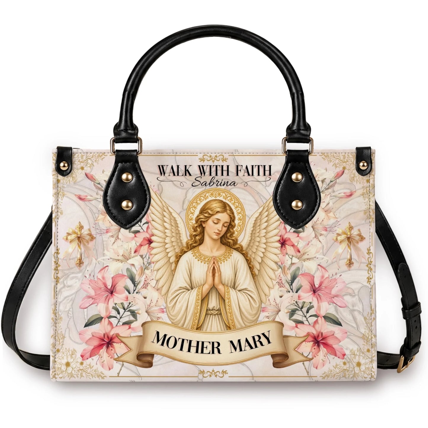 Custom Mother Mary tote bag with angel illustration and Walk With Faith Sabrina personalization for memorial gifts