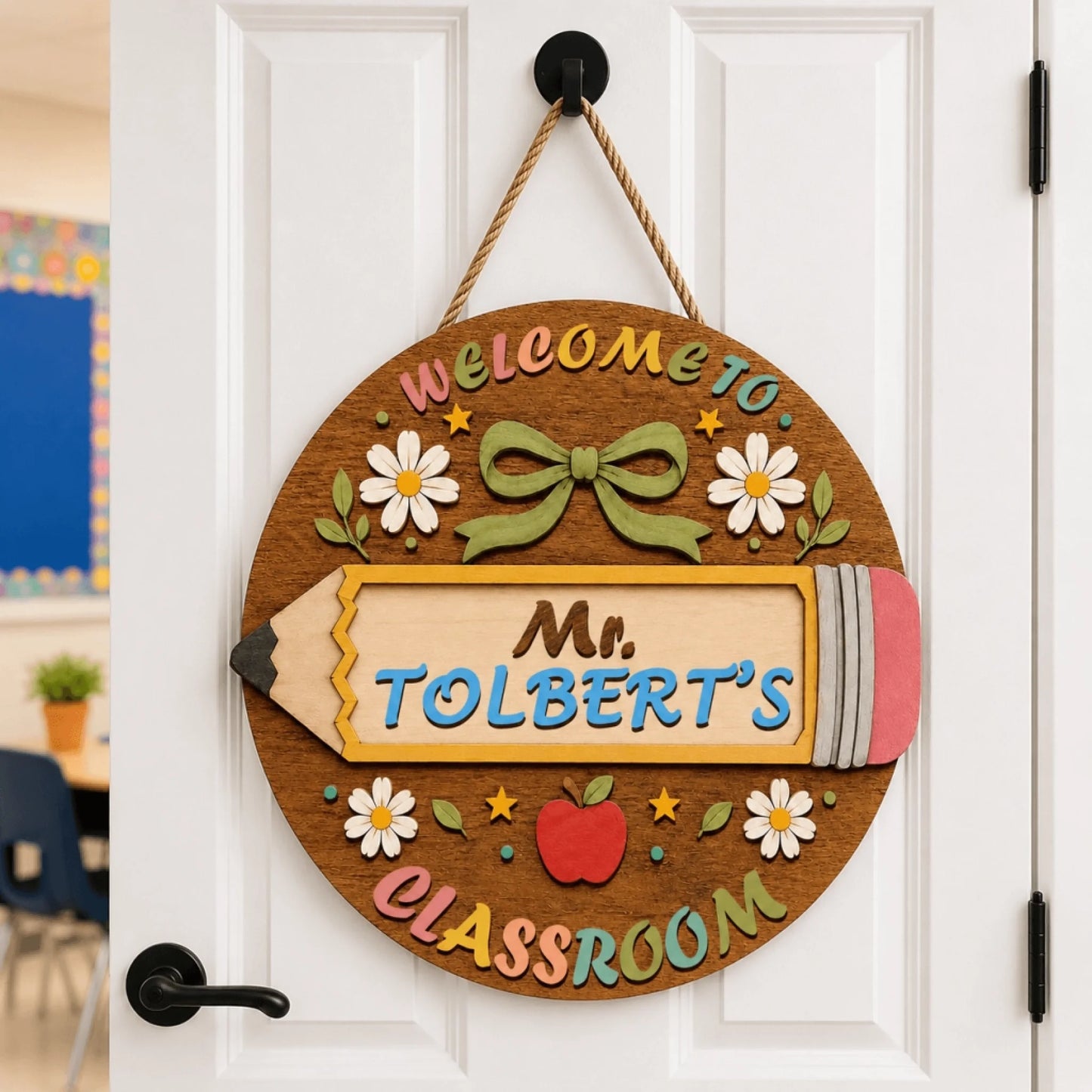 Personalized wooden pencil shaped classroom door hanger with Mr Tolberts name ideal for school room decor