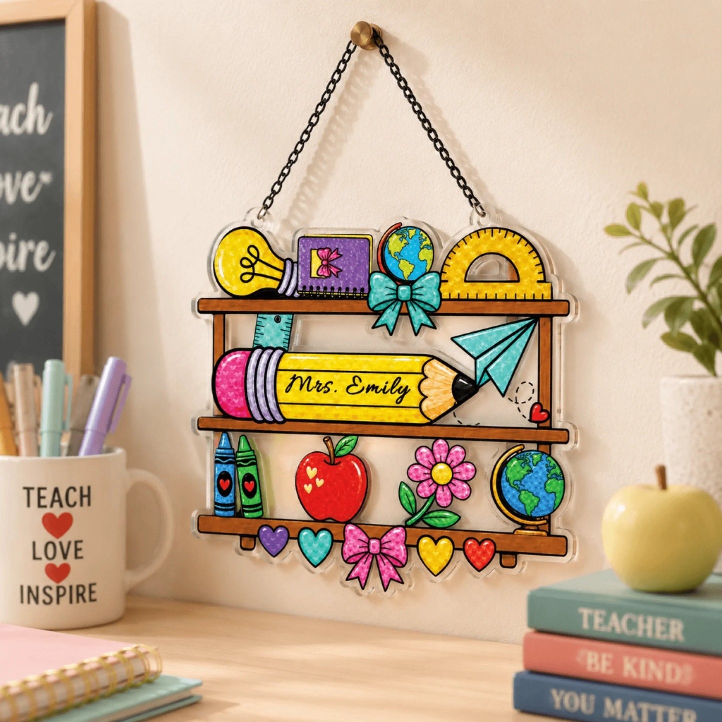 Personalized Mrs. Emily teacher shelf ornament displayed on a wall near a desk, books, and inspirational decor.