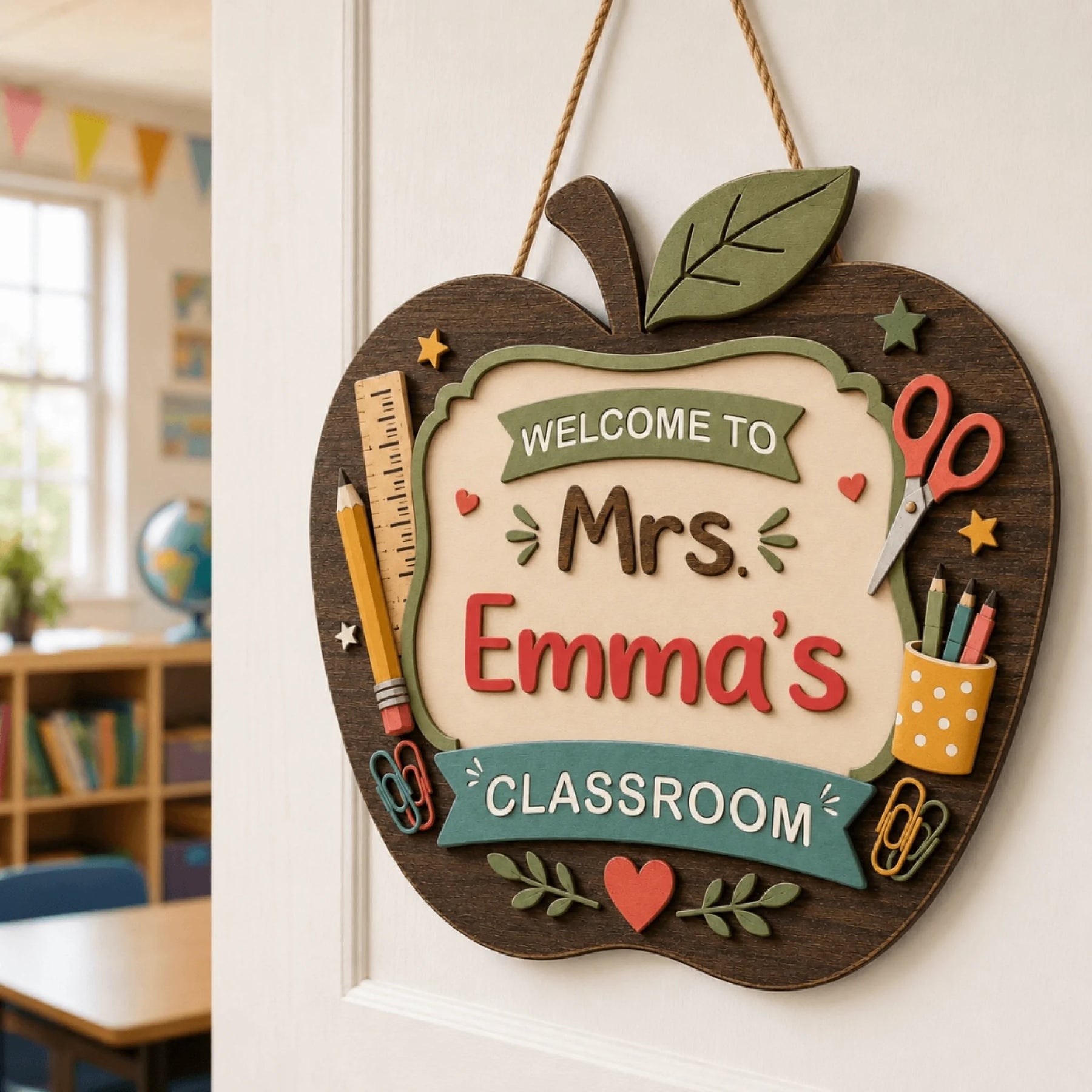 Personalized apple wall hanging for Mrs Emma classroom perfect for decorating teacher spaces during school year.