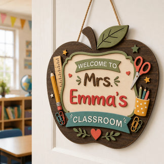 Personalized apple wall hanging for Mrs Emma classroom perfect for decorating teacher spaces during school year.