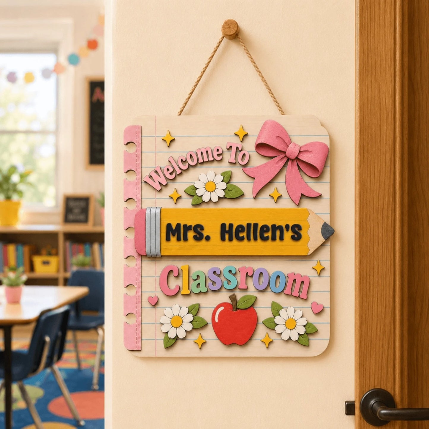 Personalized wooden classroom door sign for teachers featuring a cute pencil, apple, and bow design for back to school.