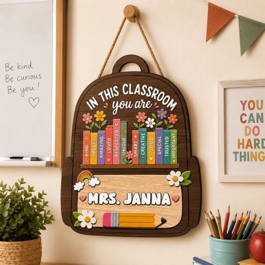 A decorative wooden backpack sign for a classroom with 'In this classroom you are' text, books, and 'Mrs. Janna' name.