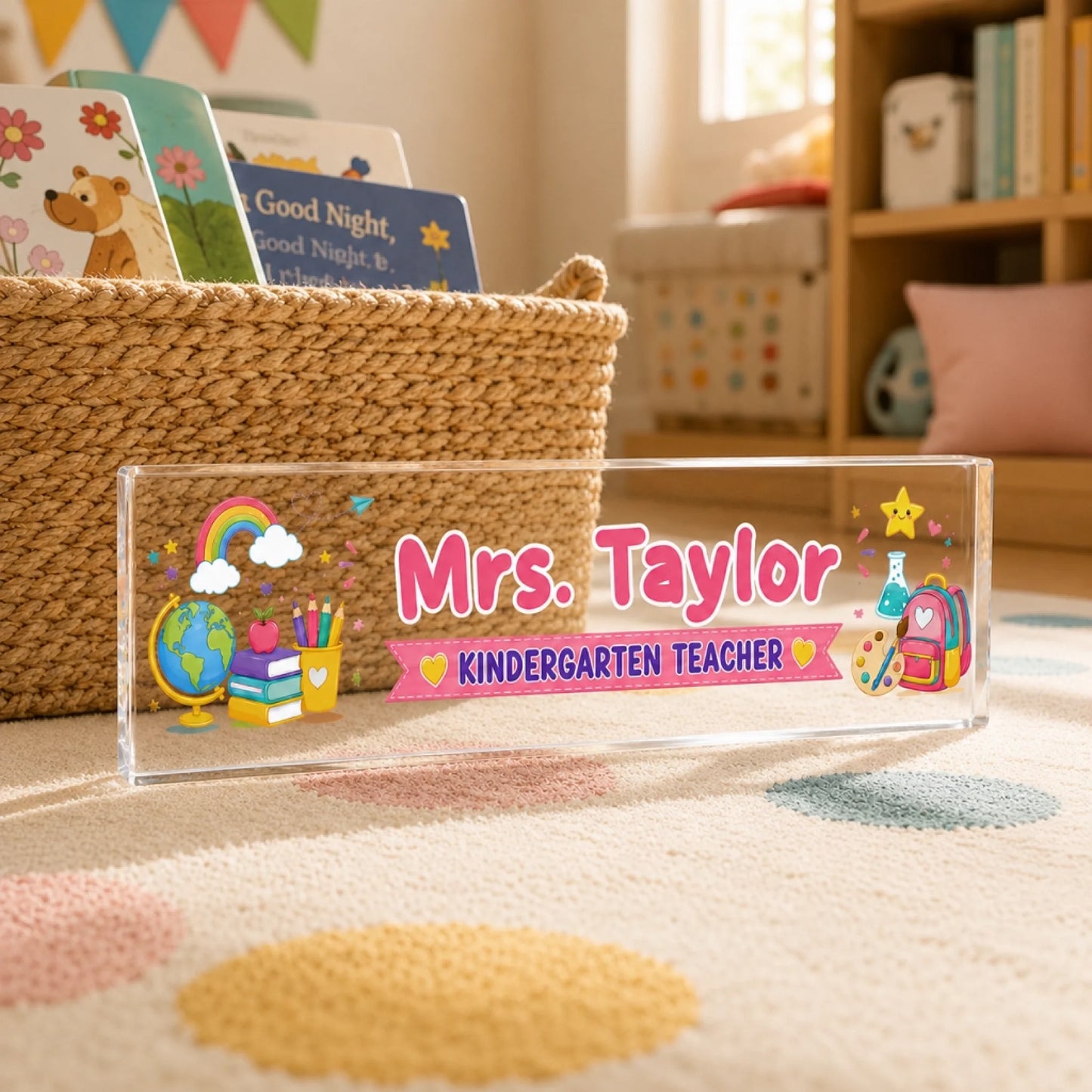 A clear personalized acrylic plaque desk sign for a kindergarten teacher featuring a colorful school supplies design.