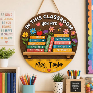 Personalized classroom wooden door sign for Mrs Taylor featuring books with positive affirmations perfect for teacher appreciation
